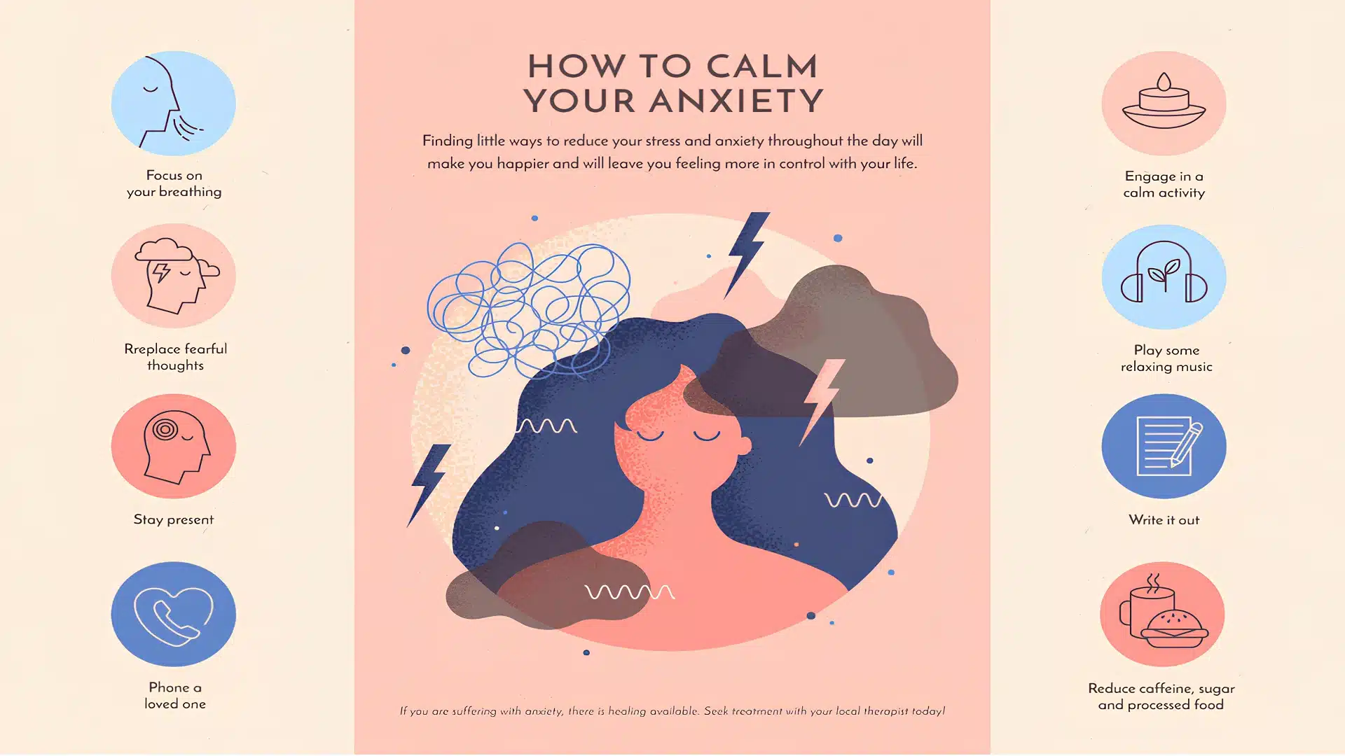 Illustration titled 'How to Calm Your Anxiety' shows tips for reducing anxiety, such as focusing on breathing, replacing fearful thoughts, staying present, engaging in calm activities, playing relaxing music, writing it out, phoning a loved one, and reducing caffeine, sugar, and processed food. The central image depicts a person with blue hair surrounded by clouds and lightning, representing anxiety, with encouraging text suggesting finding small ways to reduce stress throughout the day.