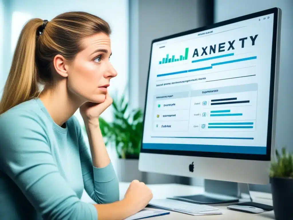 A person sitting in front of a computer screen with a worried expression, while a progress bar fills up on the screen indicating completion of a social anxiety self-assessment test.