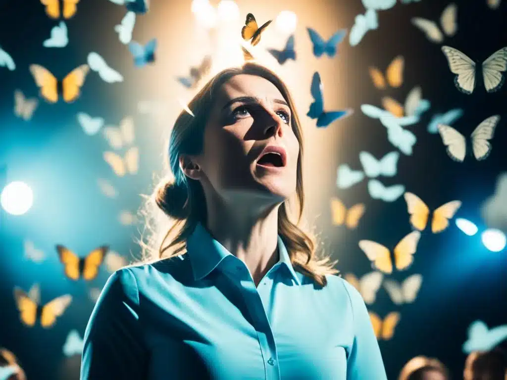 A person standing on a stage with a spotlight shining down on them, but their face obscured by a swarm of butterflies. The audience is blurry in the background, and the person's body language is tense and stiff.