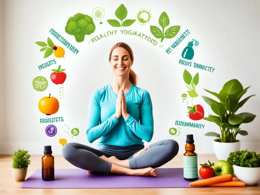 A person engaging in relaxing activities such as yoga, reading, or gardening to reduce anxiety. Surrounding them are symbols of healthy lifestyle changes such as fresh fruits and vegetables, water bottles, running shoes, and aromatherapy oils.