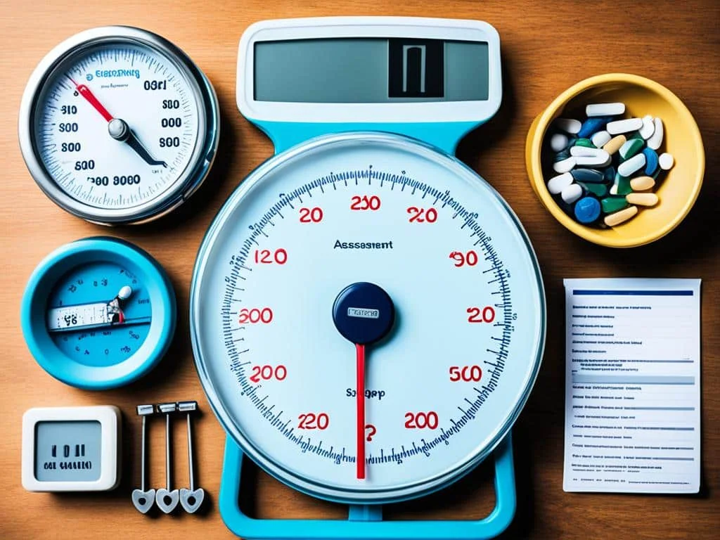 Create an image of a set of weighing scales, with anxiety-related items on one side and tools for self-assessment on the other. The anxiety-related items could include things like sweaty palms, racing heart, and difficulty sleeping, while the self-assessment tools could include questionnaires, meditation apps, and therapy sessions. The scales should be tilted towards the side with the self-assessment tools to show that they can help to balance out anxiety. Use cool blue tones to represent calmness and balance.