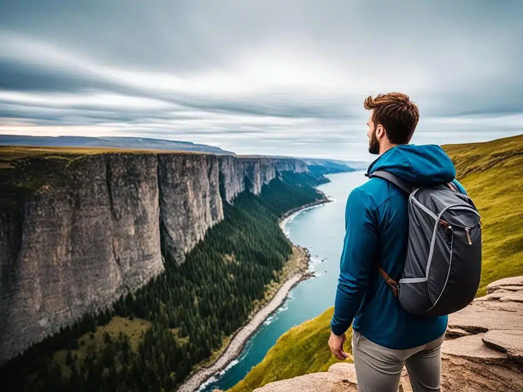 Create an image of a person standing on the edge of a cliff, looking out to a vast landscape. The person's body language should convey a sense of fear and hesitation, but also hope and determination. Show a path leading away from the cliff, winding through the landscape. Along the path, depict various treatment options for social anxiety, such as therapy sessions, medication, support groups, and self-care practices. Use muted colors to convey a sense of calm and peacefulness, but also a hint of unease and uncertainty.