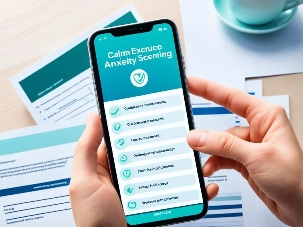 Create an image depicting virtual anxiety screening tools, with a computer or smartphone screen displaying different questionnaires, and a person's hand reaching out to click on one of the options. The background should have muted colors to represent a calm and soothing atmosphere.
