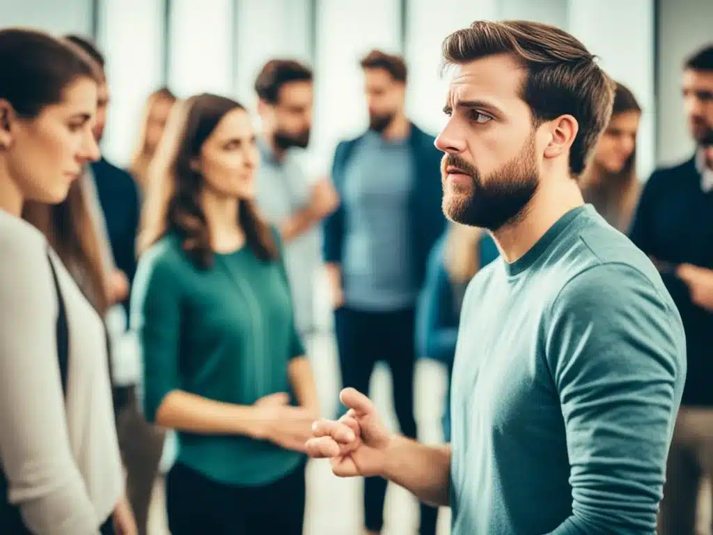 Show a person with social anxiety standing in a crowded room, looking down at their feet and fidgeting with their hands. Their shoulders are hunched forward, and they avoid eye contact with other people. In the background, show other people engaged in conversation and socializing, highlighting the contrast between the person with social anxiety and those without it. Use muted colors to convey a sense of discomfort and unease.