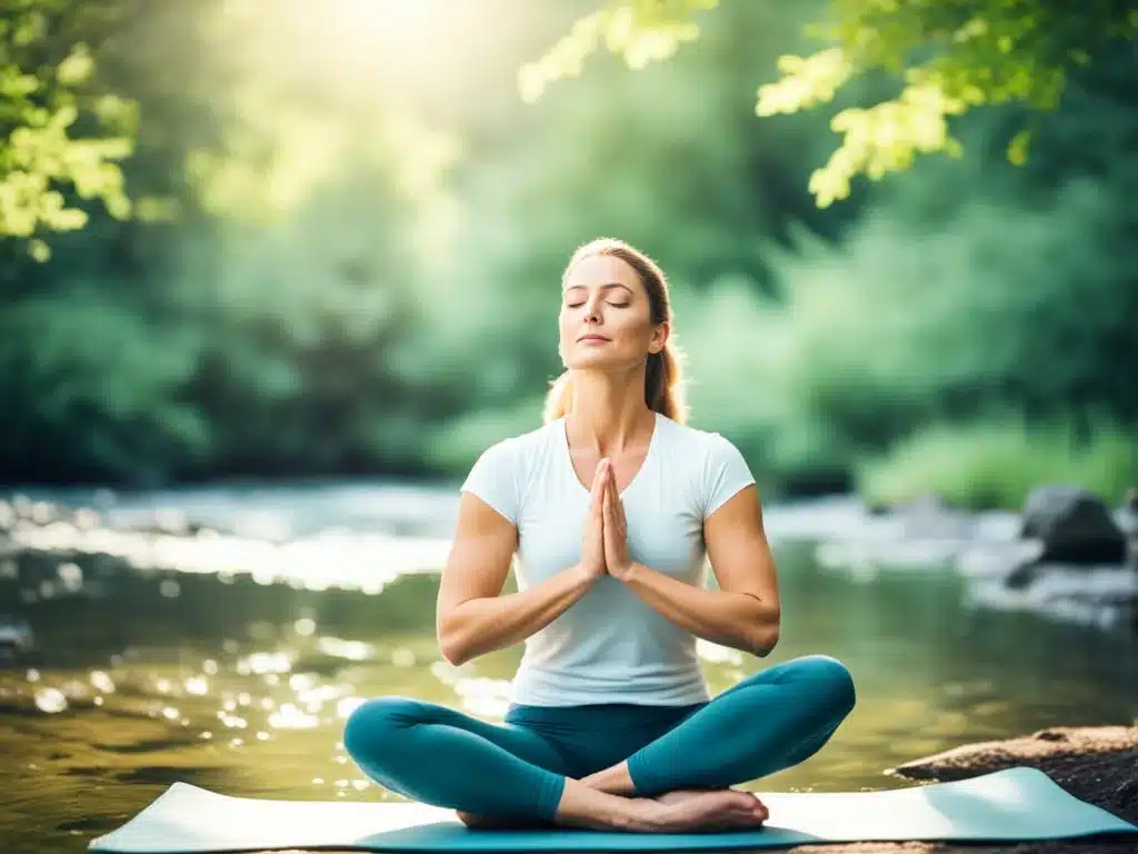 A woman sits cross-legged on a mat, her hands resting on her knees and eyes closed in concentration. She takes deep breaths and exhales slowly, her body relaxing with each breath. Around her, peaceful imagery of nature - trees, birds, and a gentle stream - creates a calming atmosphere. The woman's posture is serene and focused, her face peaceful and free of tension. The image conveys the message of finding inner calm through deep breathing exercises and connecting with the tranquility of nature.