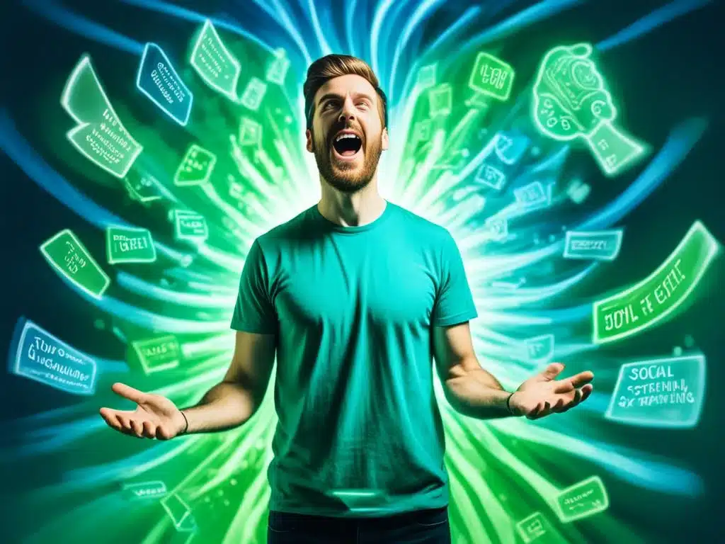 Creating an image of a person standing confidently amidst a sea of swirling blue and green colors, representing the turbulent emotions of social anxiety. The person is holding a toolbox filled with various self-help strategies, such as deep breathing, positive self-talk, and visualization techniques. A beam of light is shining down on them, symbolizing hope and strength in overcoming their fears.