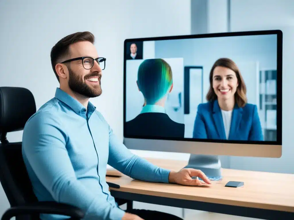 Show a person in front of a computer screen with a virtual therapist projected beside them. The person looks engaged and comfortable while discussing social anxiety treatment, with their body language and facial expression reflecting positive progress.