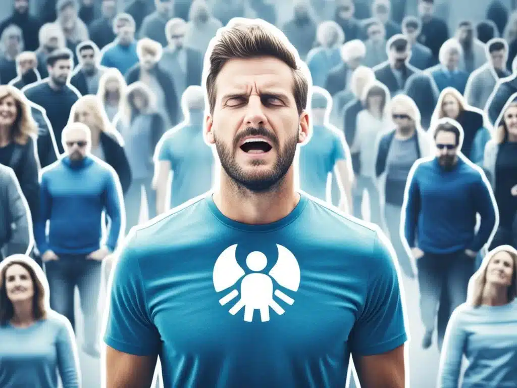 Create an image of the Social Anxiety Symbol using subtle visual cues, such as a person with hunched shoulders and downward gaze, surrounded by a crowd of people with confident body language. The color scheme should be muted tones, with cool blues and grays highlighting the anxiety-inducing environment. Use soft, blurred lines to convey the feeling of being overwhelmed and isolated, while also incorporating small details like shaking hands or fidgeting fingers to emphasize the physical manifestations of social anxiety.