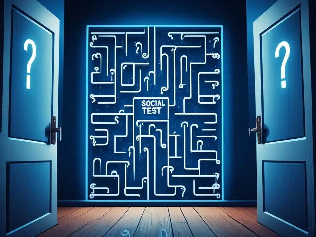 A digital maze filled with question marks, leading to a door with the words 