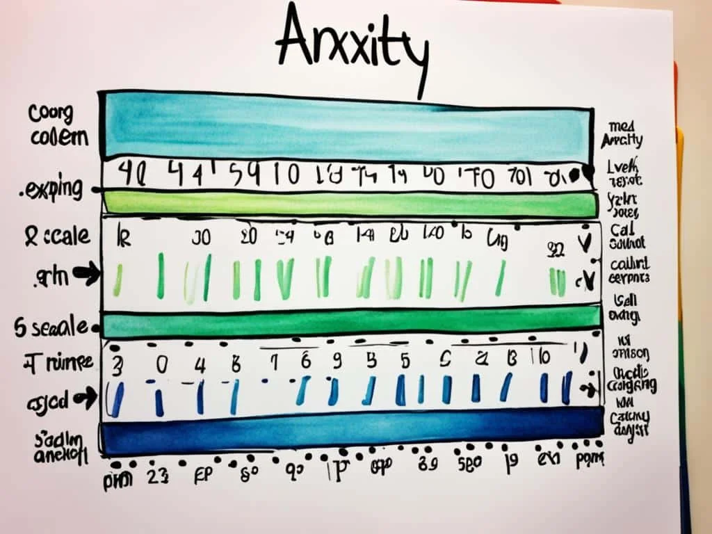 Create an image of a scale, with weight on one end and anxiety on the other. Use colors to show the different levels of anxiety, ranging from calm to extreme. Make sure the scale is balanced and visually appealing, with clear markers that indicate the different levels of anxiety. Add some texture or pattern to the background to make it more interesting, but keep it subtle and understated. Avoid using any text or labels that might distract from the main focus of the image.