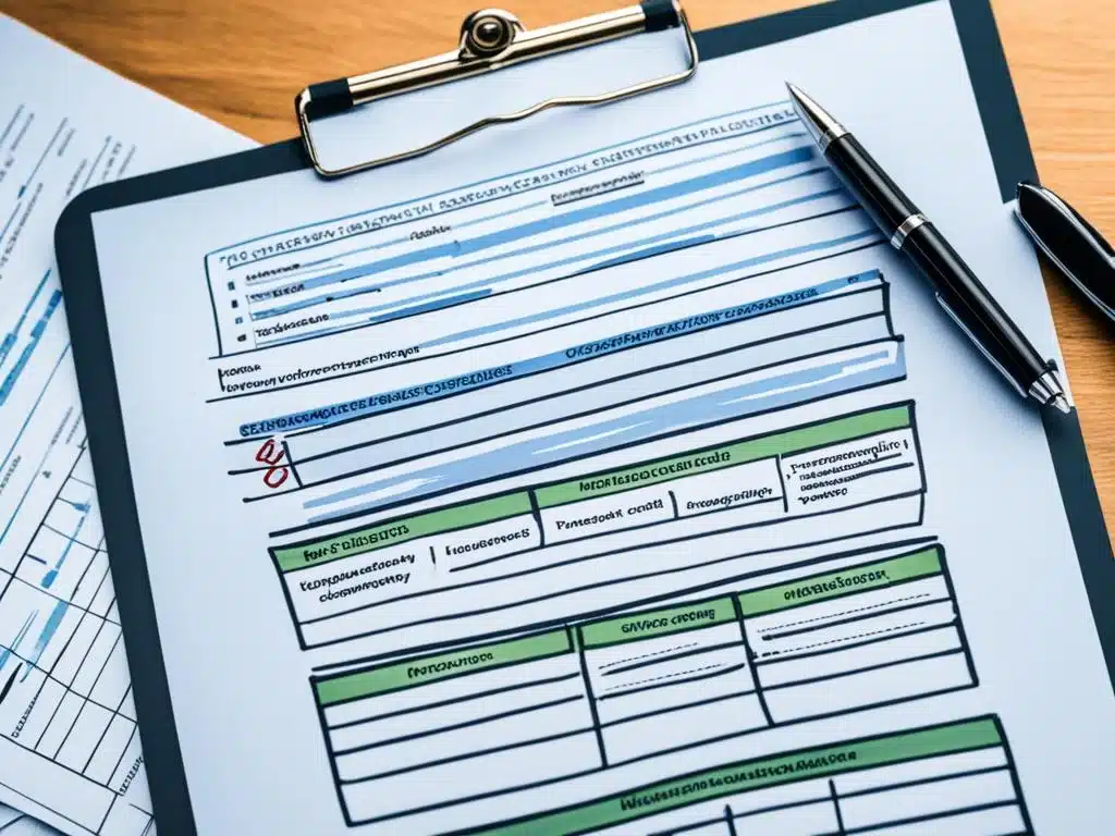 Show an image of a clipboard with a pen resting on it, with several checked boxes on the social anxiety symptom checklist. The clipboard should be sitting on a wooden table, with a laptop open in the background displaying an online self-assessment tool. The lighting should be dim, with shadows cast from the pen and clipboard.