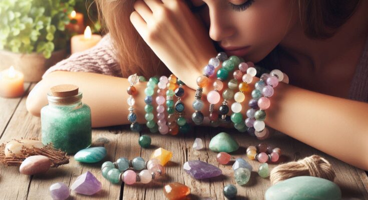 A collection of calming crystal bracelets featuring Amethyst, Black Tourmaline, and Rose Quartz.